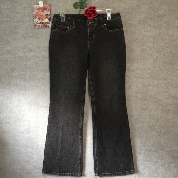 6P ANN TAYLOR LOFT BLACK VARIEGATED FLARED JEANS - Picture 2 of 7